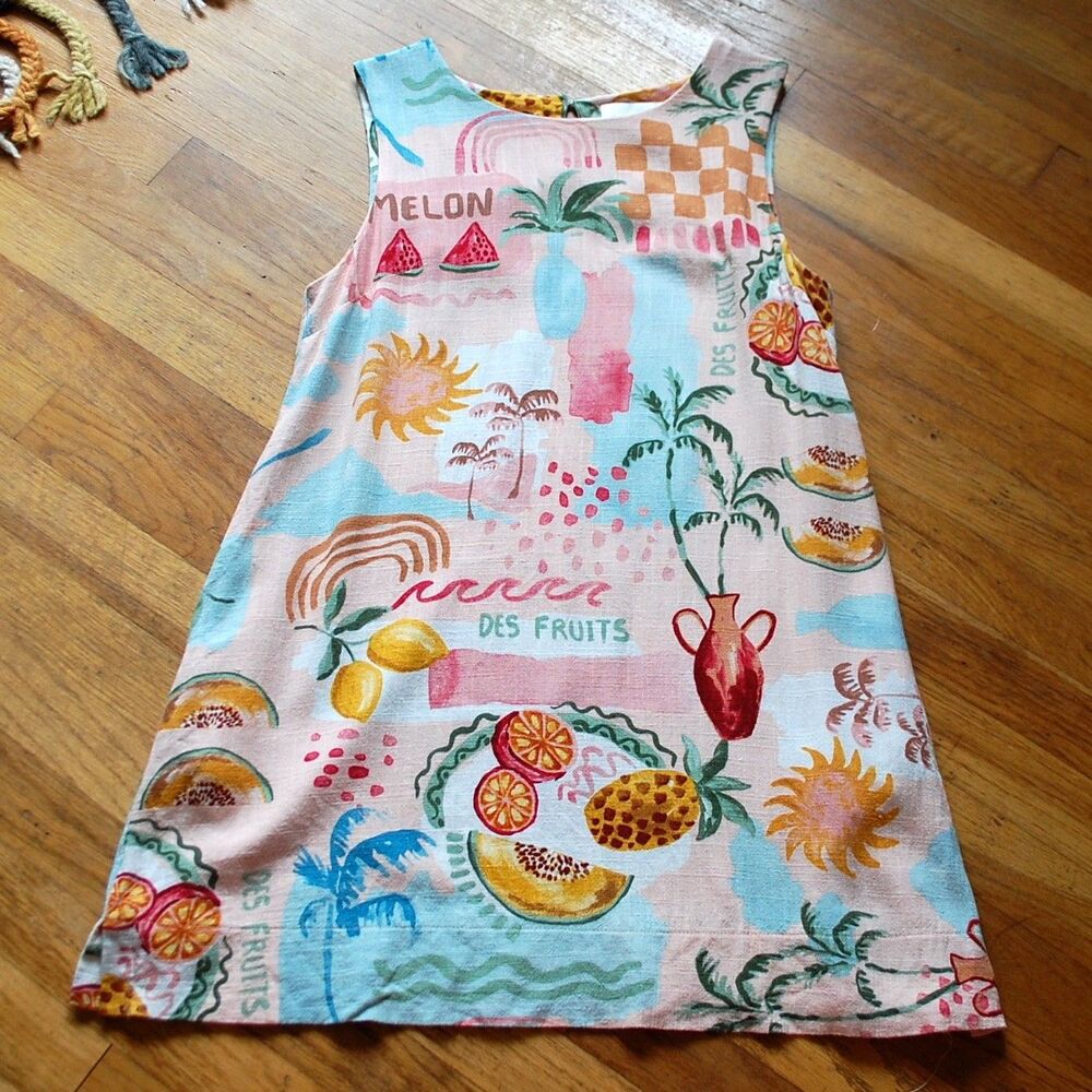 Paper Heart Pink Tropical Fruit Linen Blend Shift Dress Small Des Fruits Mini